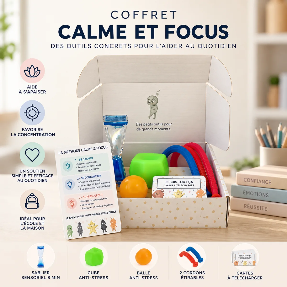 Coffret Calme et Focus : sablier, cube et balle anti-stress, cordons, cartes